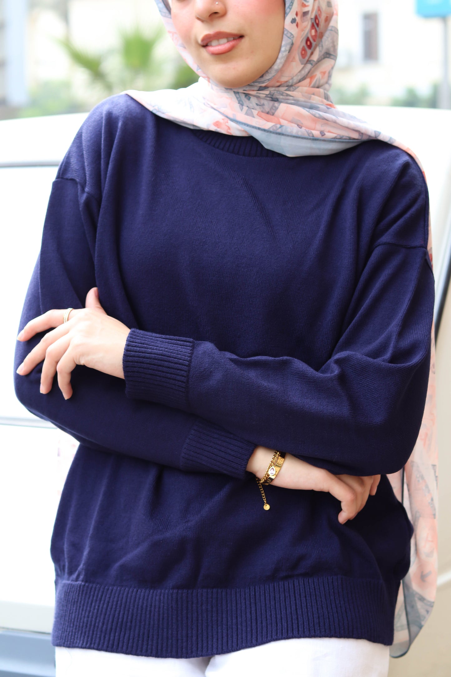 Lina in dark blue pullover and Dreamy peonies scarf in chiffon