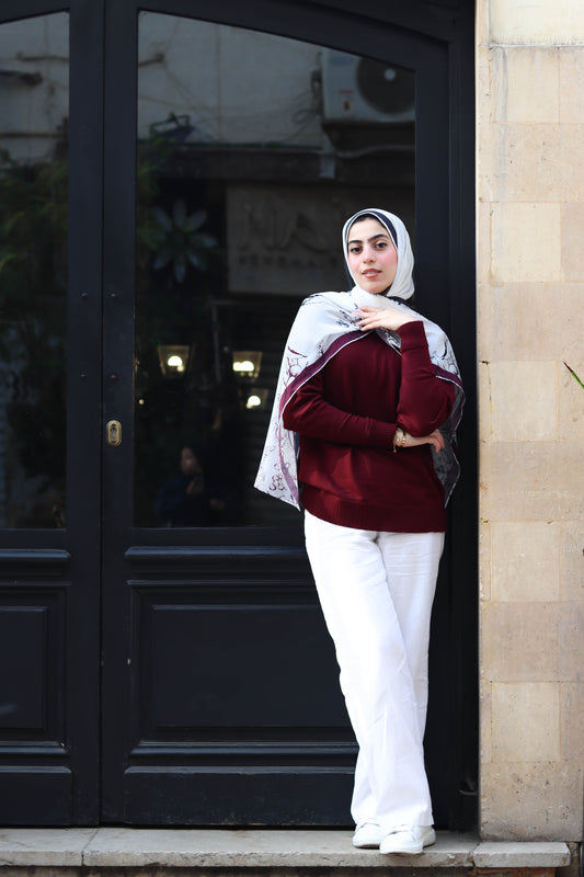 Lina pullover in burgundy and Flora in burgundy scarf in chiffon