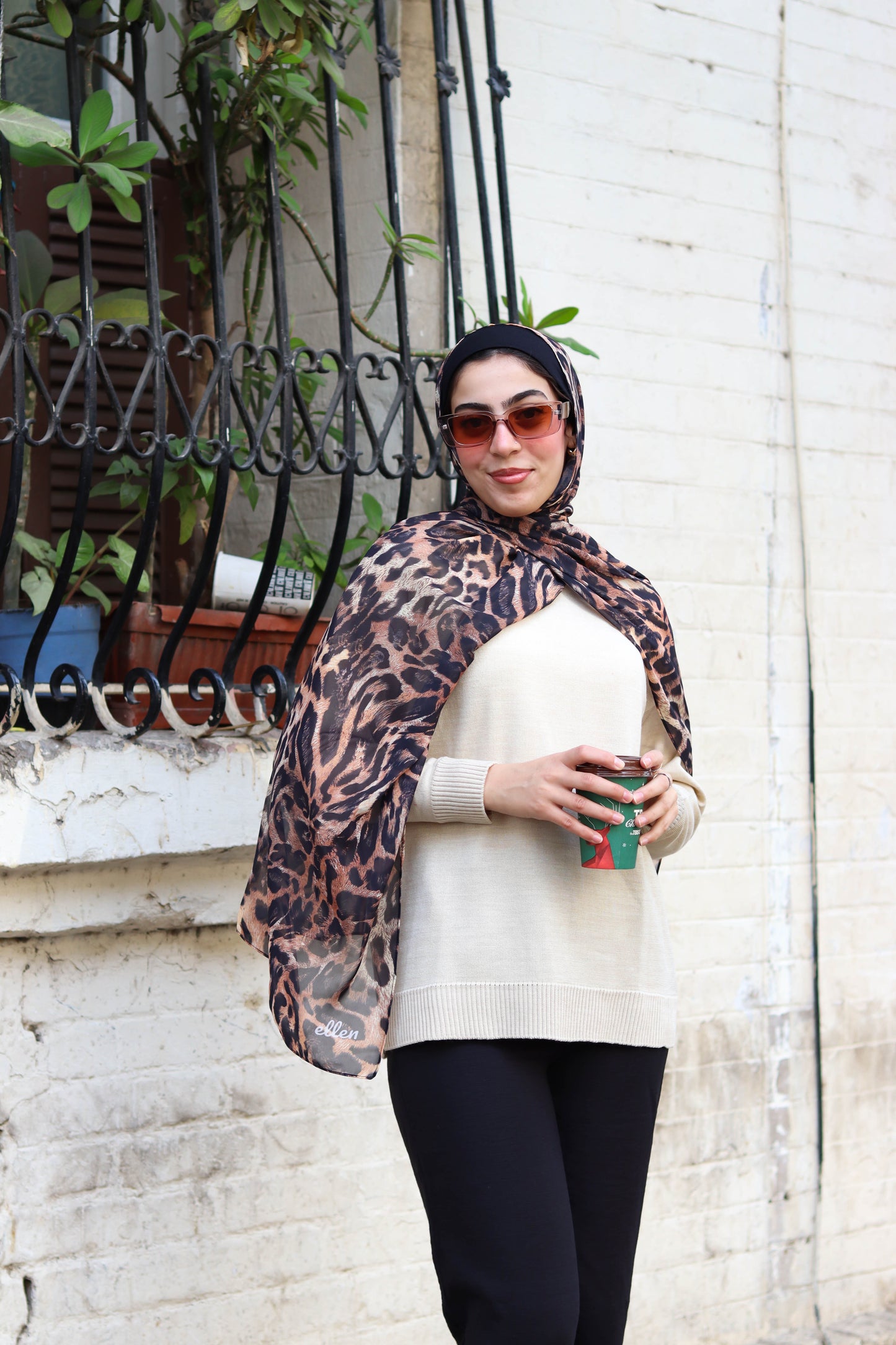 Lina pullover in beige and Leopardo scarf in chiffon