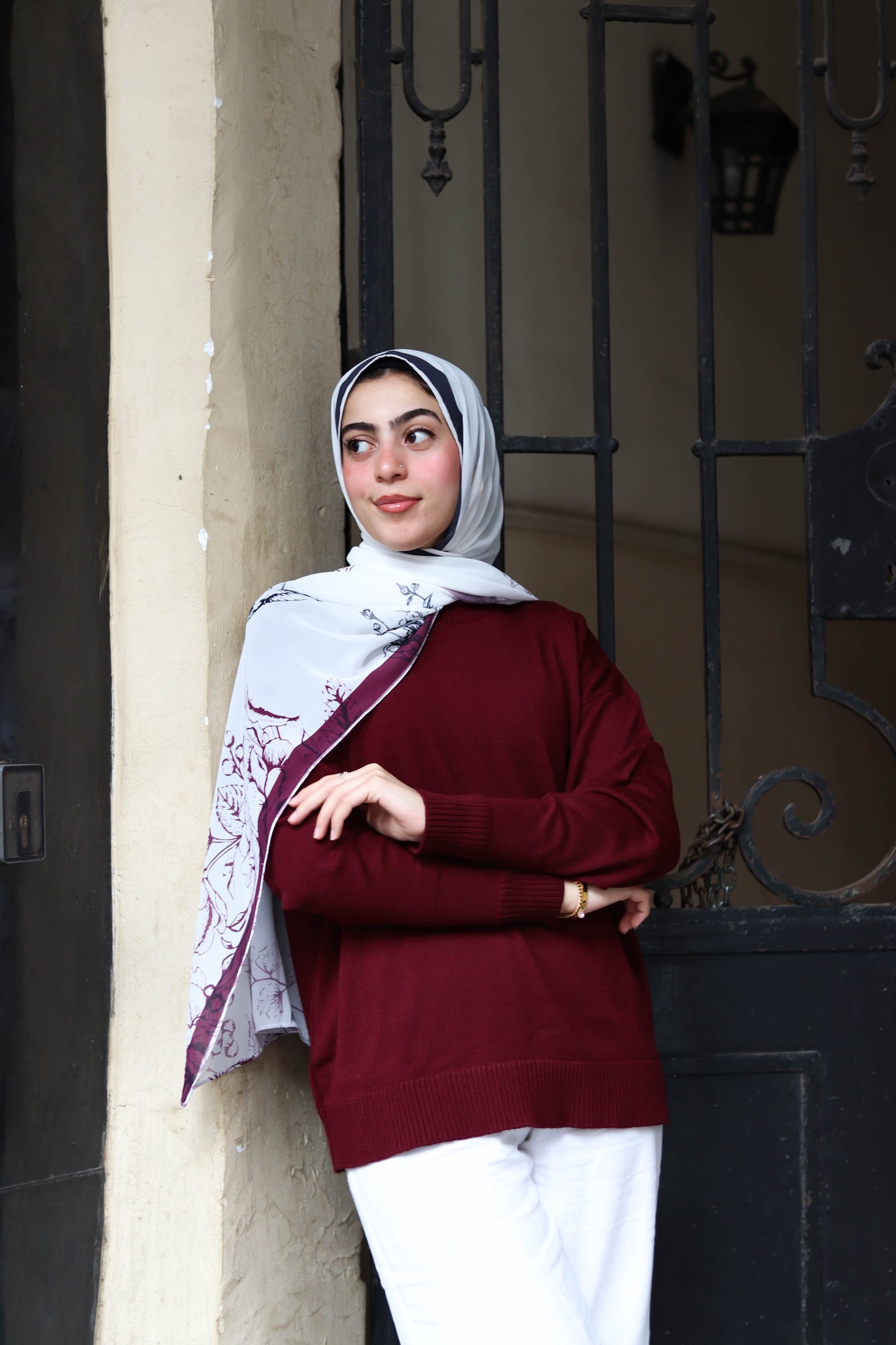 Lina pullover in burgundy and Flora in burgundy scarf in chiffon