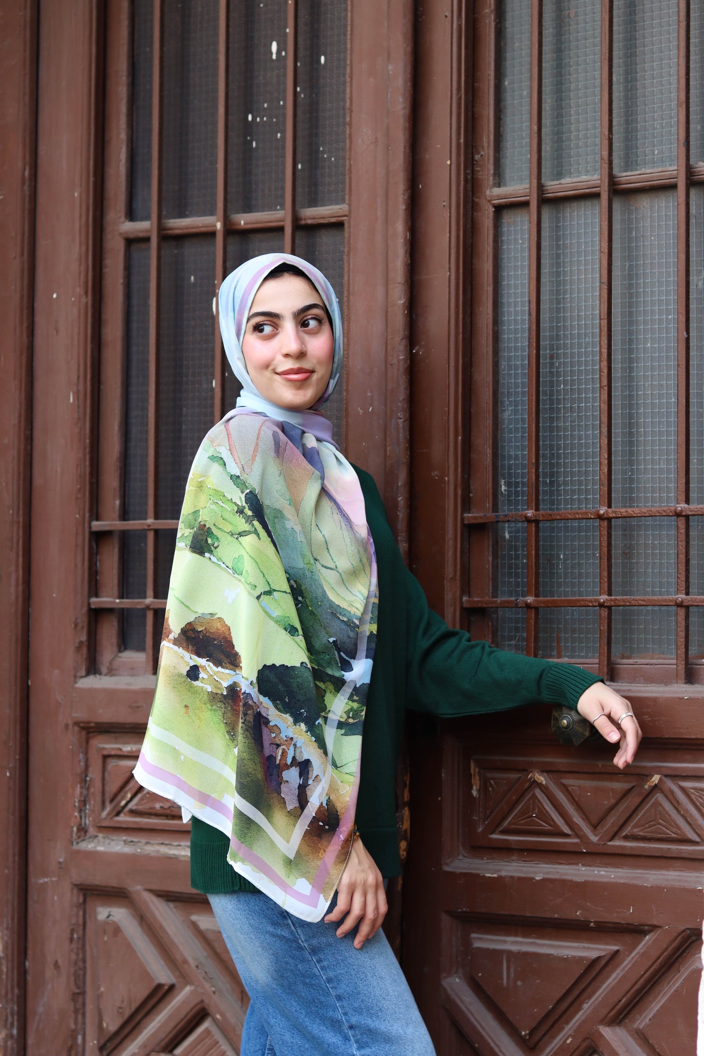 Lina in olive pullover and Anne in Chiffon scarf