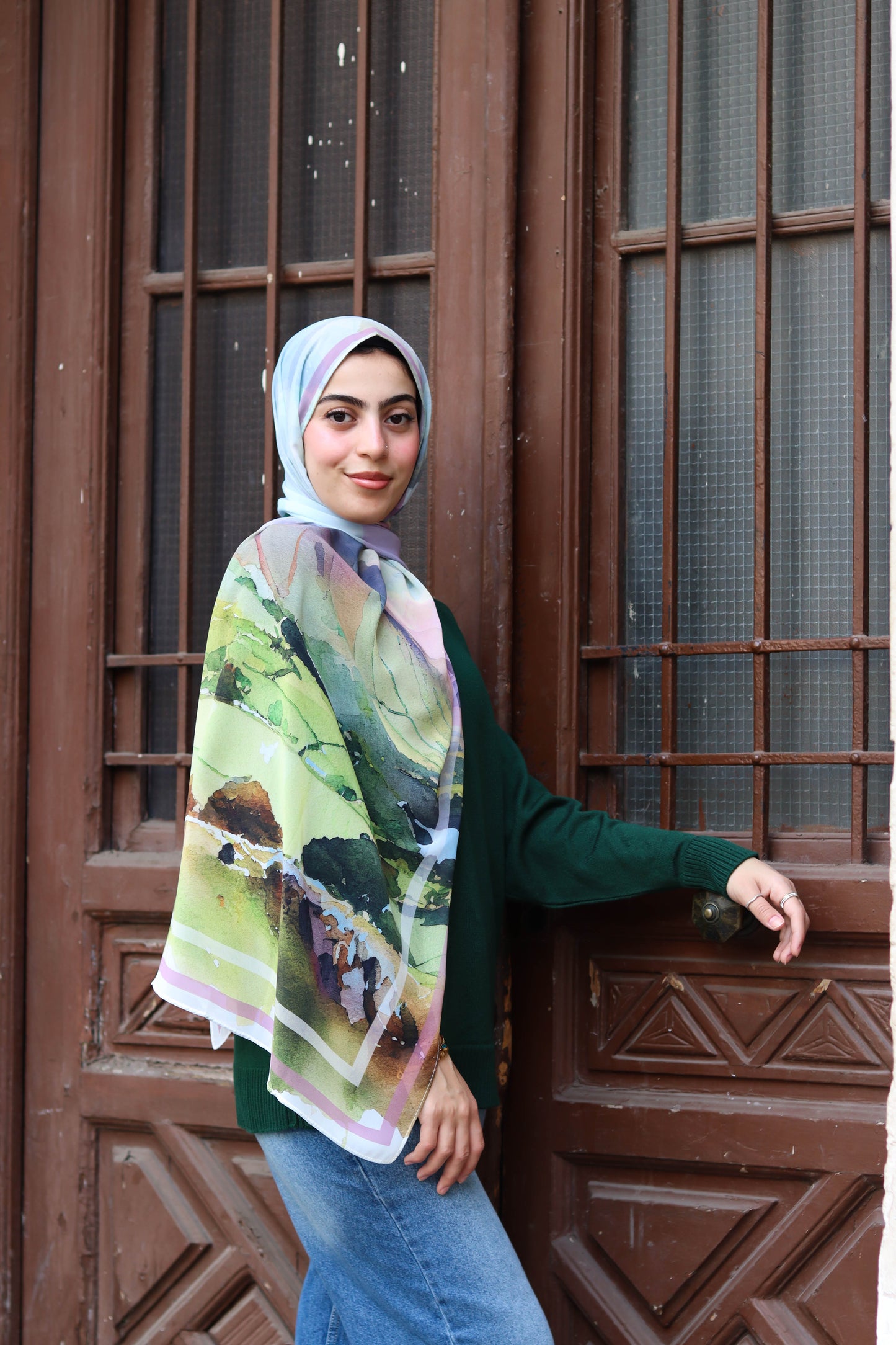 Lina in olive pullover and Anne in Chiffon scarf