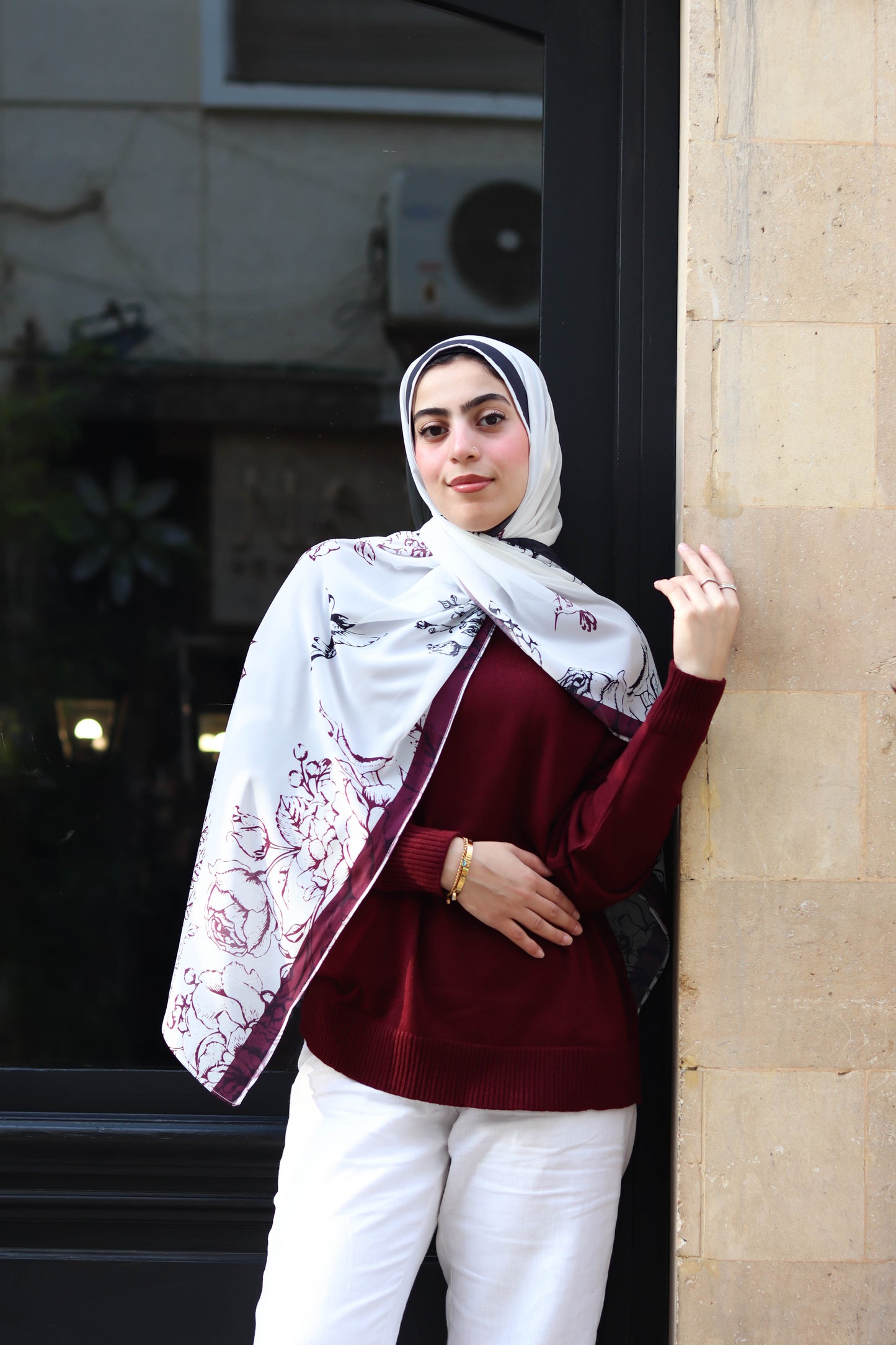 Lina pullover in burgundy and Flora in burgundy scarf in chiffon